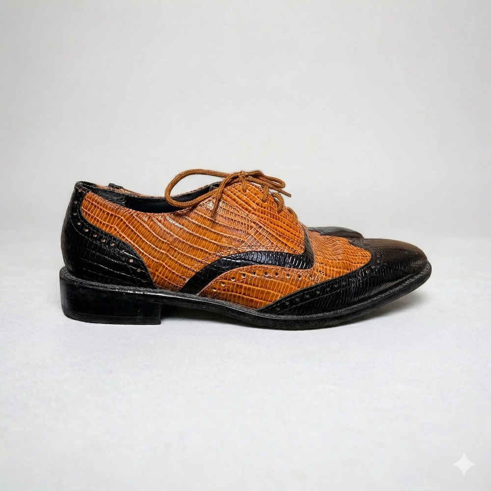VTG Stacy Adams Mens Memory Foam Wingtip Oxford Shoes Cognac Black 8M Exotic